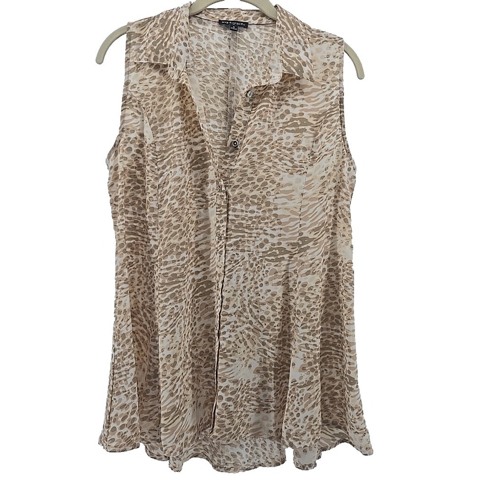 Ava & Grace Small Taupe Print Chiffon Button Front Sleeveless‎ Collared Top